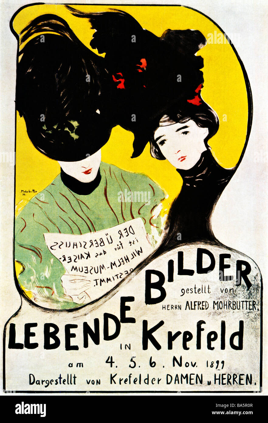 Lebende Bilder 1899 Jugendstil Poster von Alfred Mohrbutter für eine Ausstellung mit lebenden Bildern von Männern und Frauen in Krefeld Stockfoto