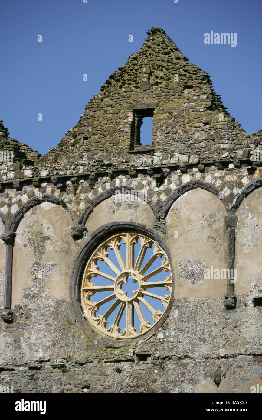 Stadt von Str. Davids, Wales. Nahaufnahme des Fensters Süd Bereich Burgsaal Rose von der Anfang des 14. Jahrhunderts Bischofspalast. Stockfoto