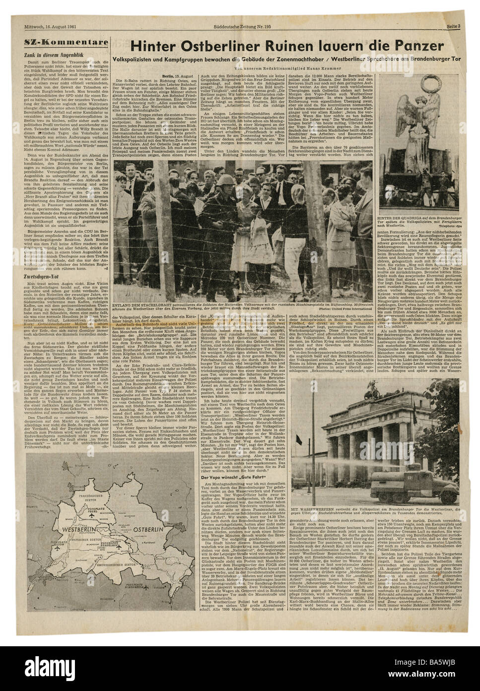Presse/Medien, Zeitschriften, 'Süddeutsche Zeitung', München, 17 Band, Nummer 195, Dienstag 16.8.1961, Artikel, Bau der Berliner Mauer, Stockfoto