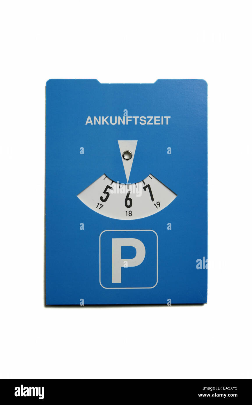 Park-Disk Ad Ankunftszeit Parkdauer Ort kurz-Zeit-Parkplatz Ort Anreise Park-Zeit Park-schränkt Symbol Parkplatz Stockfoto