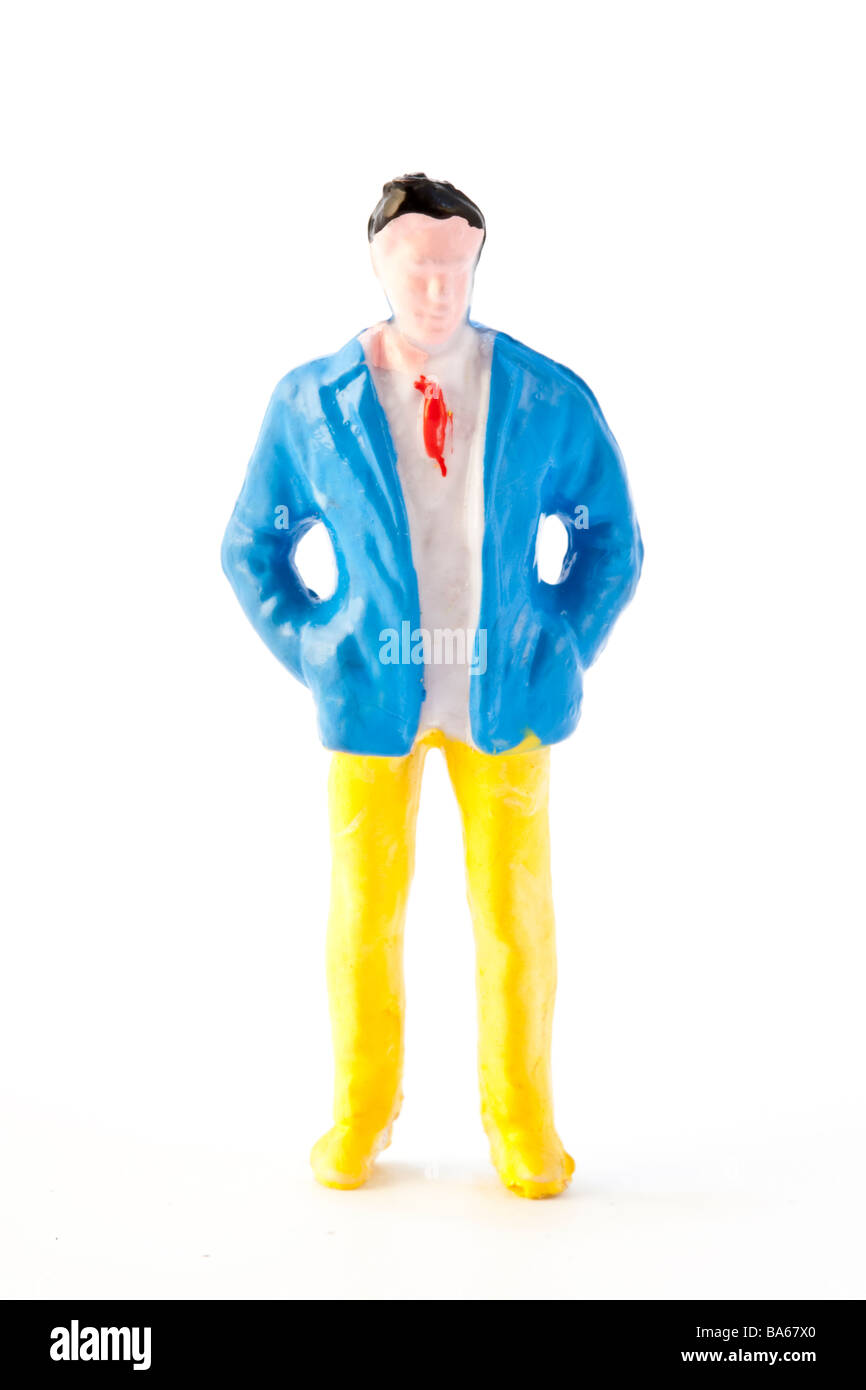 Modell-Eisenbahn-Figur eines Mannes in eine blaue Jacke Stockfoto