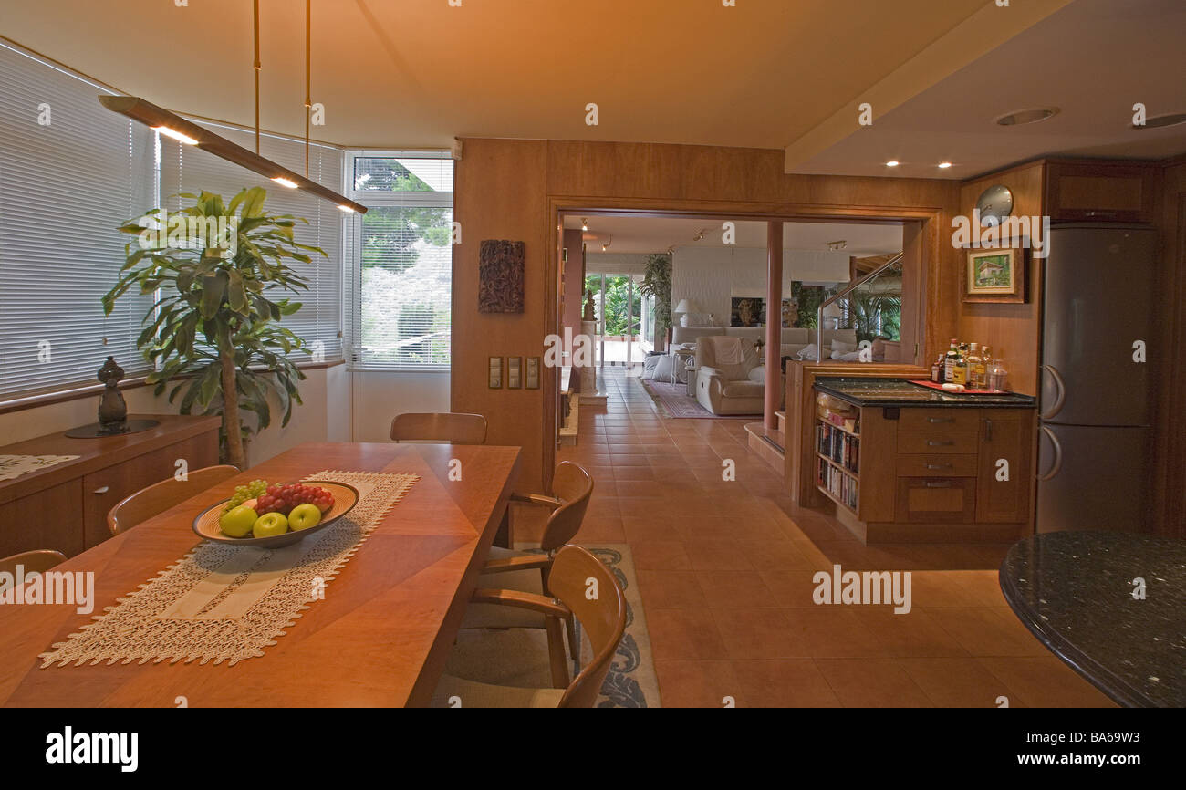 Küche Esstisch blicken Wohnfläche Serie Fliesen-Boden Tisch Stühle Zimmer-Pflanze Palm grün-Pflanze Symbol Architektur Stockfoto