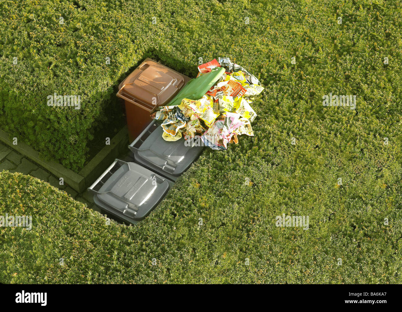 Hecken-Mülleimer überläuft anders Mülltrennung Papier-Tonne voll von oben Sommer Ornament-Hedges Weise Mülleimer Stockfoto