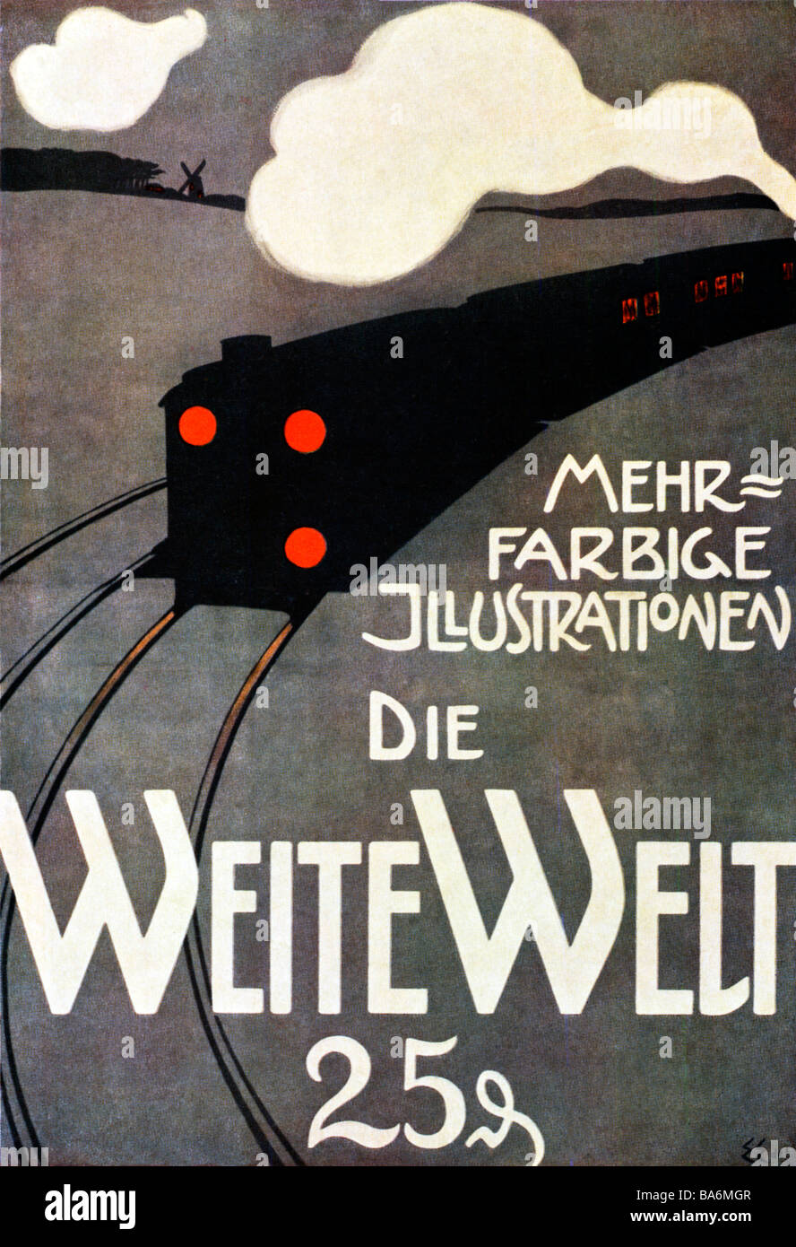 Weite Welt 1900 Jugendstil-Plakat für die deutschen Kinder Magazin mehr bunte Illustrationen der weiten Welt Stockfoto