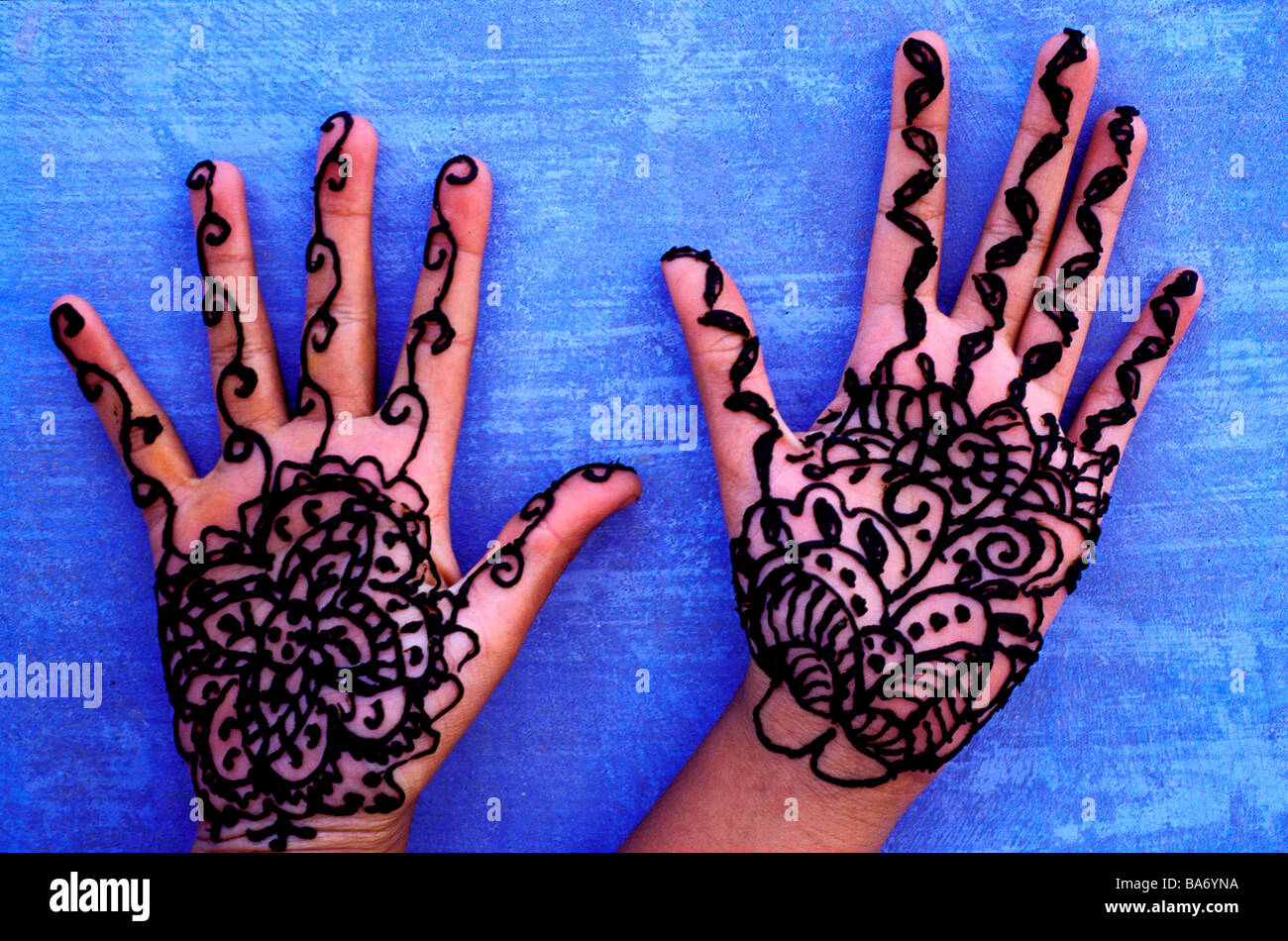 Indien, Rajasthan State, Henna Muster auf Hände Stockfoto