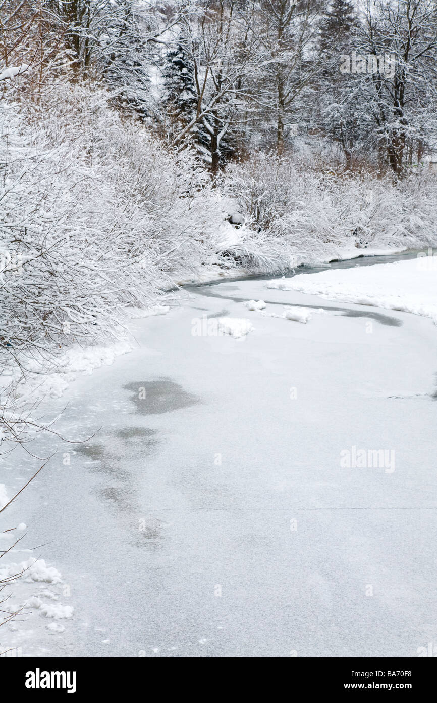 Winter-Bergfluss mit Raureif bedeckt Bäume und Sträucher am Ufer Stockfoto