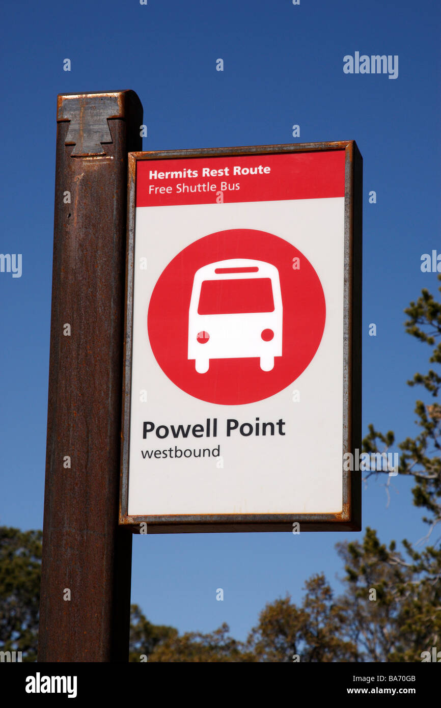 Bus Stop-Schild für Powell Point auf der Hermits Rest Strecke Grand CanyonNationalpark südlich Felge Arizona usa Stockfoto
