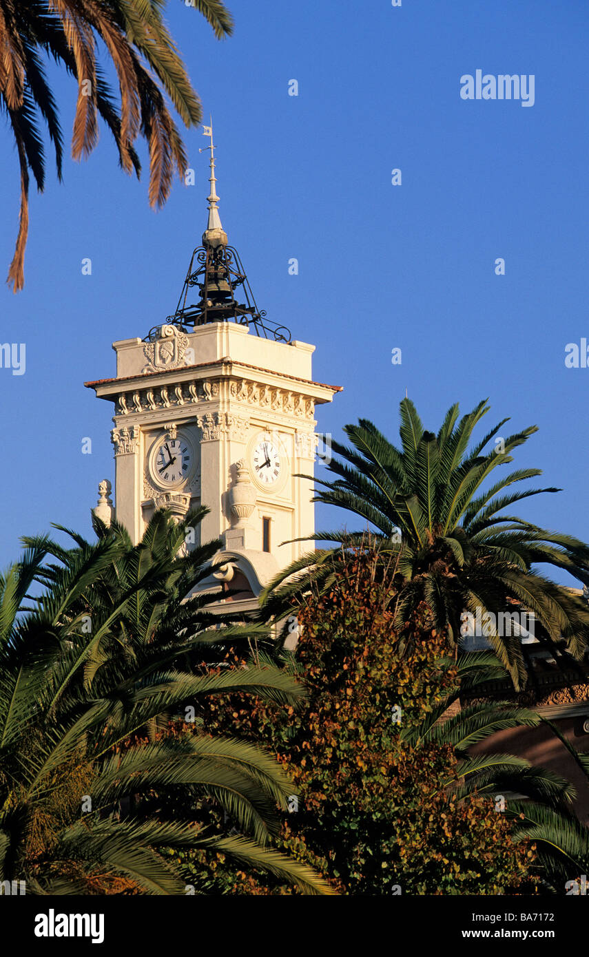 Frankreich, Corse du Sud, Ajaccio, Rathaus mit dem Belfried von 1824 bis 1830 erbaut und Palmen Bäume Stockfoto