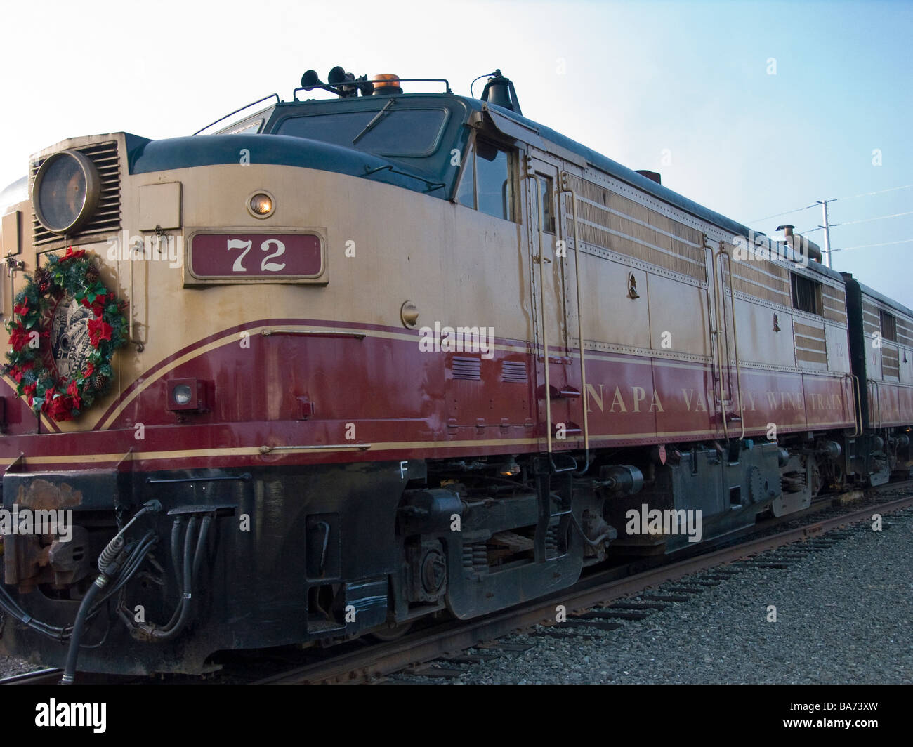 Motor mit Kranz, Napa Valley Wine Train, Napa, Kalifornien. Stockfoto