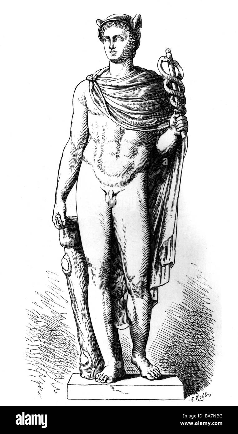 Hermes, (lat. Mercurius), griechische Gottheit, Bote, Statue, Villa Borghese, Rom, Holzgravur, 19. Jahrhundert, Stockfoto