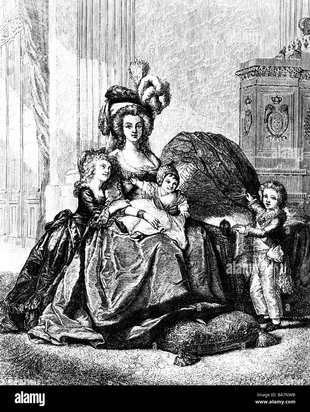 Marie Antoinette, 2.11.1755 - 16.10.1793, Königin von Frankreich 10.5.1774 - 21.9.1792, volle Länge, mit ihren Kindern, Stahlstich von margeot nach dem Lackieren durch Elizabeth-Louise Vigee-Lebrun, 1787, Artist's Urheberrecht nicht gelöscht werden Stockfoto