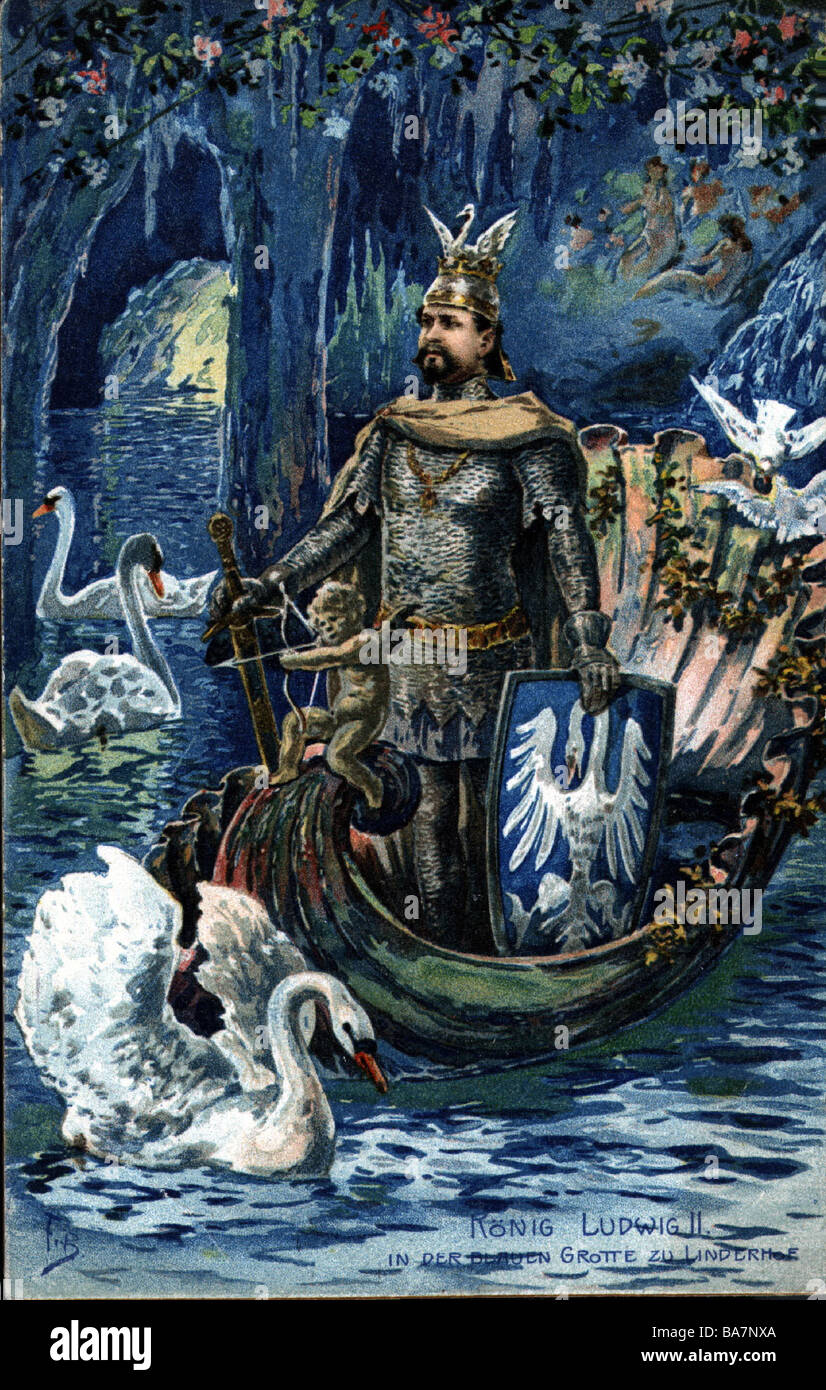 Louis II., 25.8.1845 - 13.6.1886, König Bayern 10.3.1864 - 13.6.1886, in der Blauen Grotte des Schlosses Linderhof, Postkarte, Ende des 19. Jahrhunderts, Stockfoto