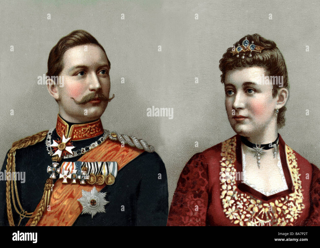 William II., 27.1.1859 - 4.6.1941, deutscher Kaiser 15.6.1888 - 9.11.1918, mit Ehefrau Augusta Victoria von Schleswig-Holstein, Farblithograph, 1888-12, Stockfoto