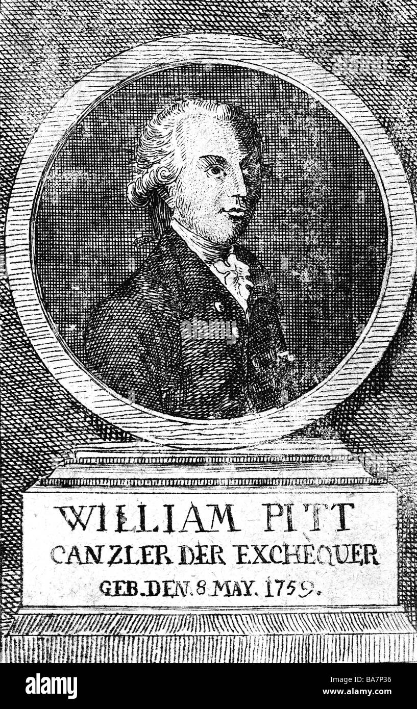 William Pitt, der Jüngere, 28.5.1759 - 23.1.1806, britischer Politiker (Tory), Ministerpräsident 19.12.1783 - 10.3.1801 und 10.5.1804 - 23.1.1806, Porträt, zeitgenössischer Kupferstich, 18. Jahrhundert, Artist's Urheberrecht nicht gelöscht werden Stockfoto