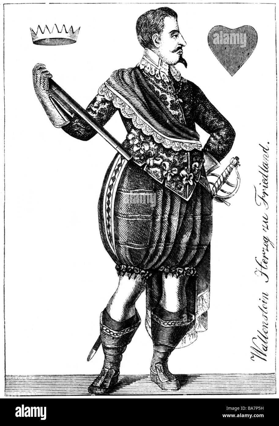 Wallenstein, Albrecht von, 24.9.1583 - 25.2.1634, böhmischer General, volle Länge, auf Spielkarte, "Kartensalmanach" von Cotta, 1807, Stockfoto