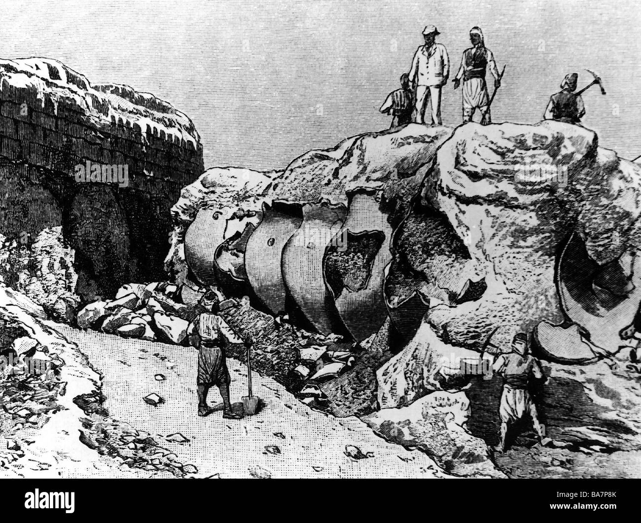 Schliemann, Heinrich, 6.1.1822 - 26.12.1890, deutscher Archäologe, bei seinen Ausgrabungen auf Hisarlik, ca. 1872, Stockfoto