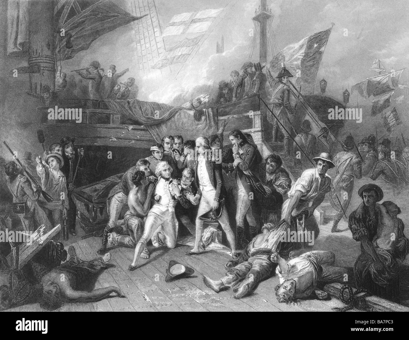 Nelson, Horatio, 29.9.1758 - 21.10.1805, britischer Admiral, Tod in der Schlacht von Trafalgar, Stahlstich von Greatbach, Jahrhundert, Artist's Urheberrecht nicht gelöscht werden Stockfoto