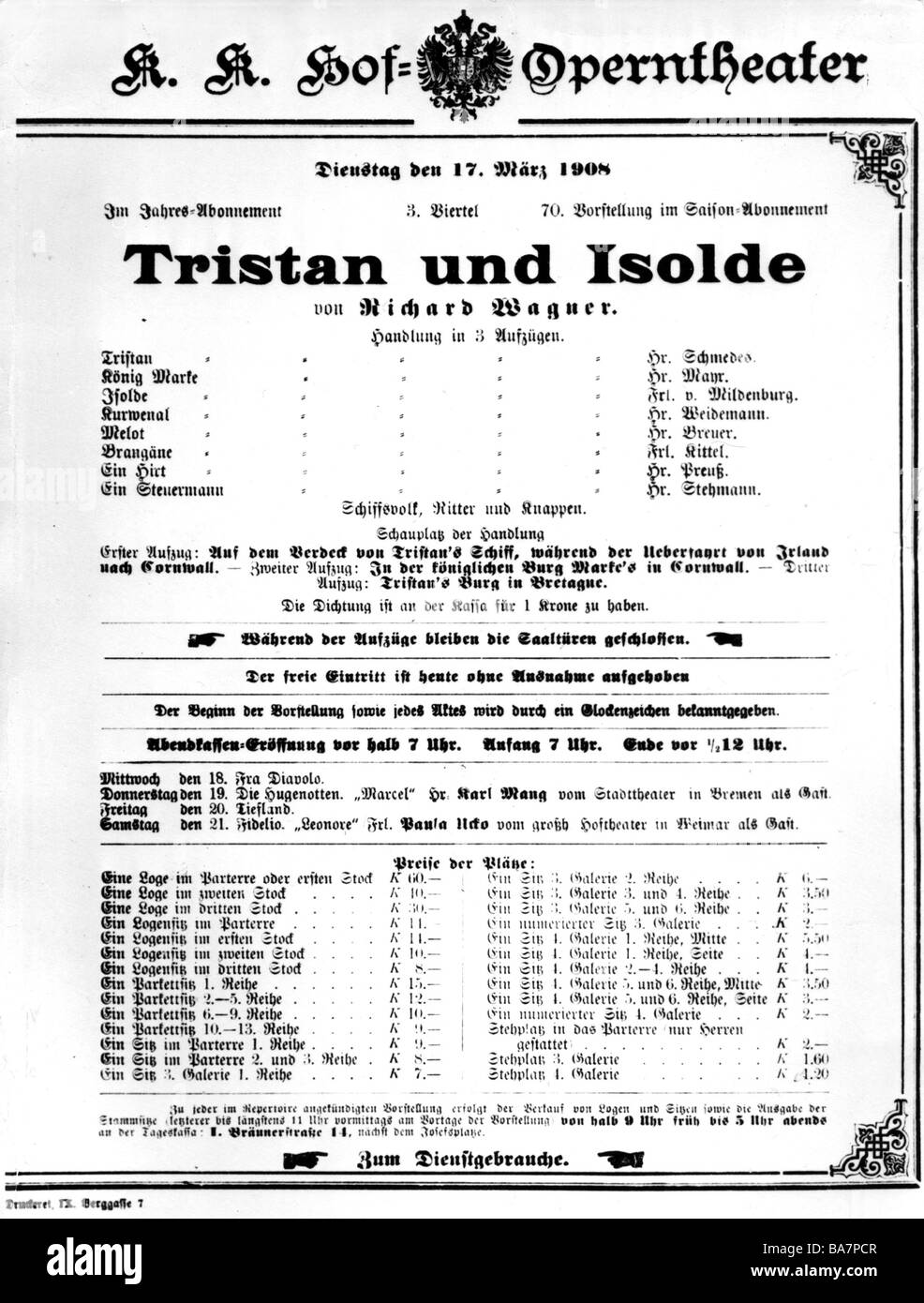 Wagner, Richard, 22.5.1313 - 13.2.1883, deutscher Komponist, Werke, Oper "Tristan und Isolde", Spielrechnung, 1908, Stockfoto