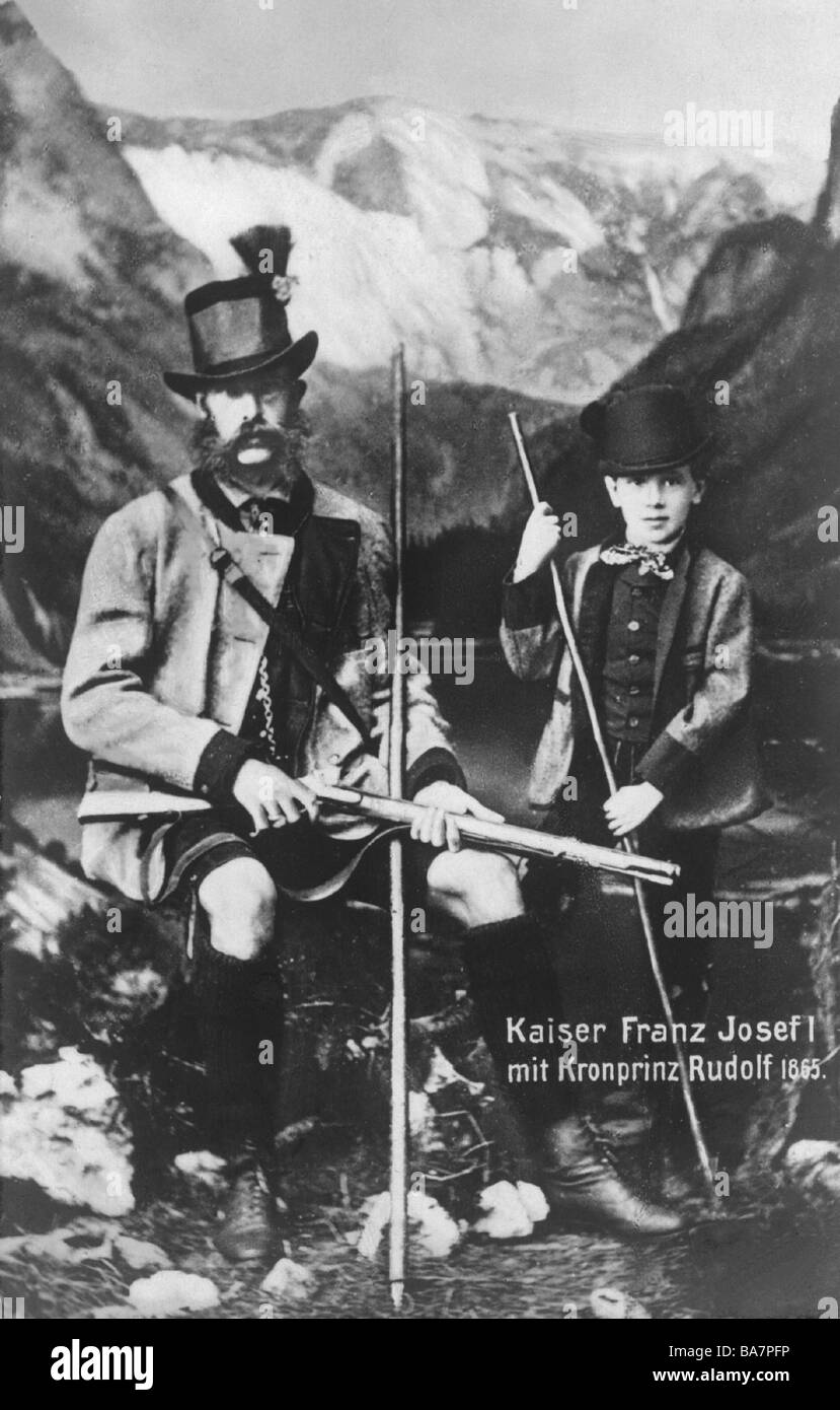 Rudolf, 21.8.1858 - 30.1.1889, Prinz von Österreich, halbe Länge, mit Kaiser Franz Joseph I., Jagd, 1865, Postkarte, Stockfoto