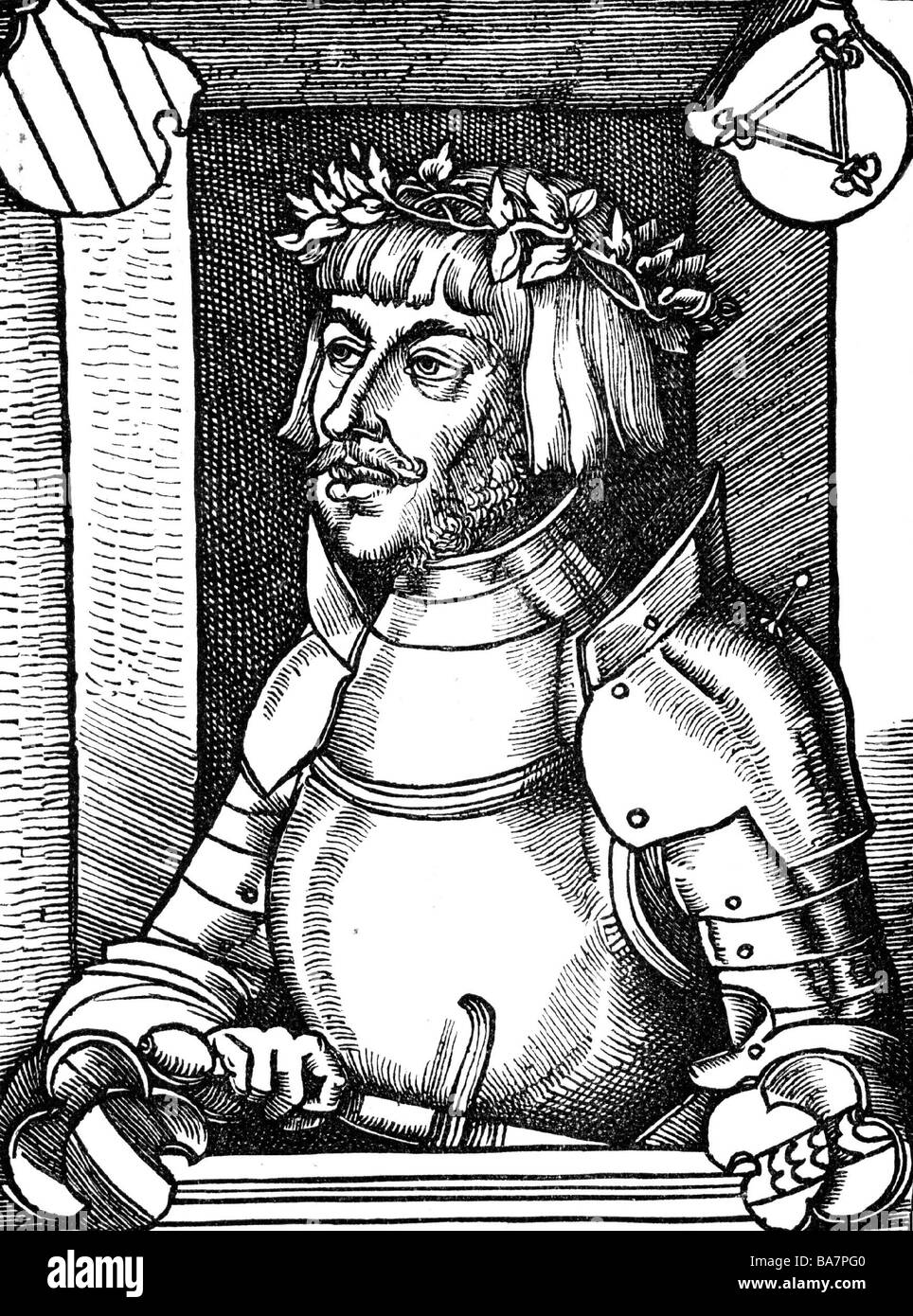 Hutten, Ulrich von, 2.4.1488 - 29.8.1523, deutscher Ritter und Humanist, halbe Länge, Holzschnitt von Hans Baldung genannt Grien (ca. 1480 - 1545), Stockfoto