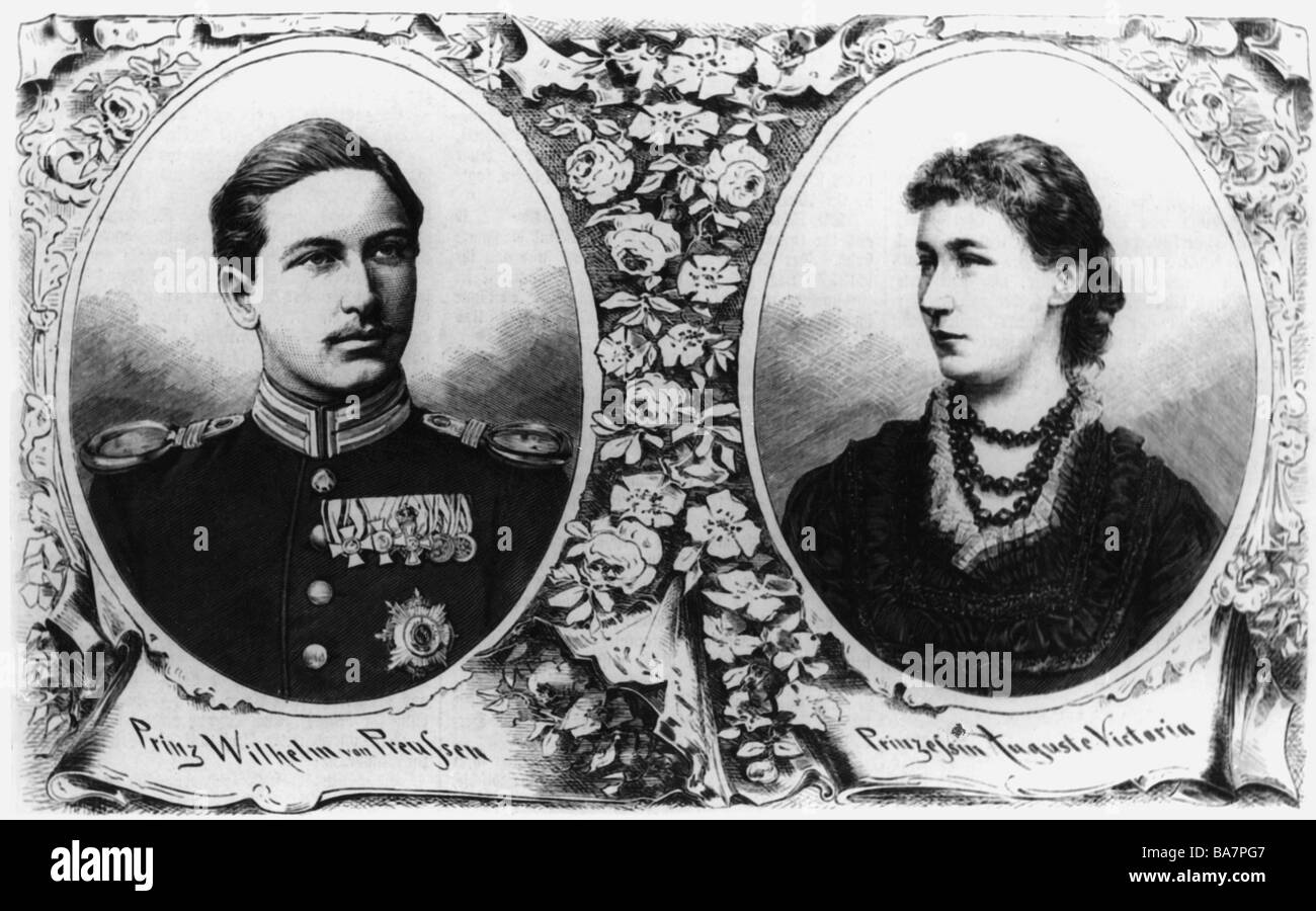 William II., 27.1.1859 - 4.6.1941, deutscher Kaiser 15.6.1888 - 9.11.1918, mit Ehefrau Augusta Victoria, Engagement, Holzgravur, um 1880, Stockfoto