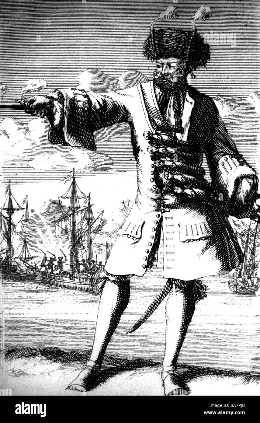 Lehren, Edward, "blackbeard", ca. 1680 - 22.11.1718, englischer Pirat, volle Länge, Kupferstich, 18. Jahrhundert, später farbig,, Artist's Urheberrecht nicht gelöscht werden Stockfoto