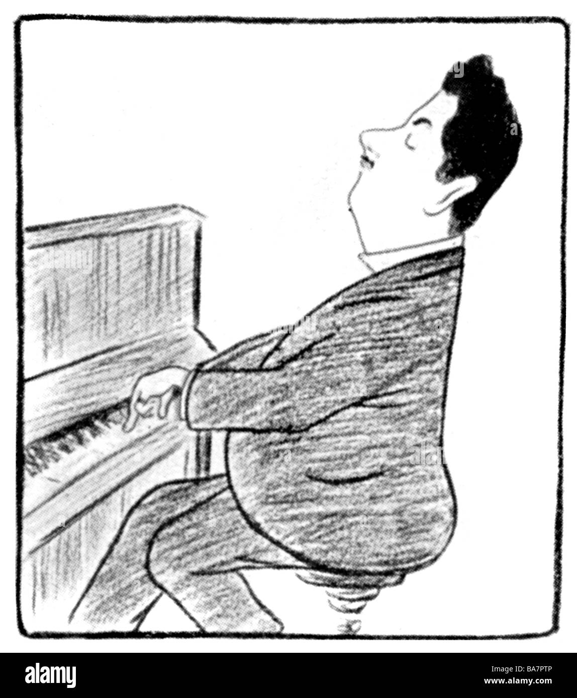 Puccini, Giacomo, 22.12.1858 - 29.11.1924, italienischer Komponist, Karikatur, am Klavier, Zeichnung von Leonetto Cappiello, "Le Rire", Nummer 191, Paris, 2.7.1898, Stockfoto