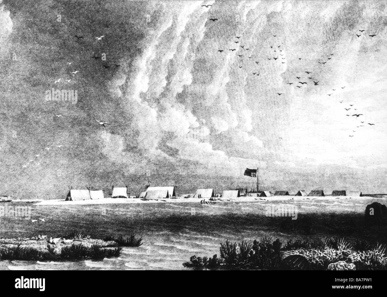 Flinders, Matthew, 16.3.174 - 19.7.1814, britischer Entdecker, Expeditionen von 1797-1801, Camp in Port Jackson in Ostaustralien, Bild ca. 19. Jahrhundert, Stockfoto