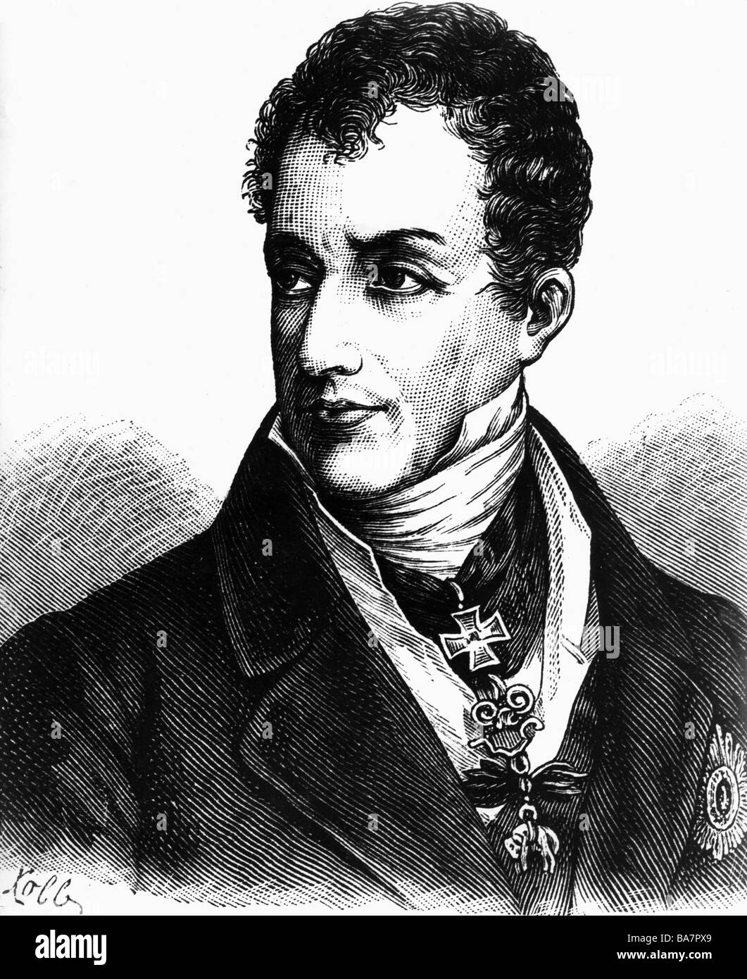 Metternich, Klemens Wenzel Prinz, 15.5.721 - 11.6.1859, österreichischer Politiker, Außenminister 8.10.1808 - 13.3.1848, Porträt, Holzgravur von Carl Kolb, 19. Jahrhundert, Stockfoto