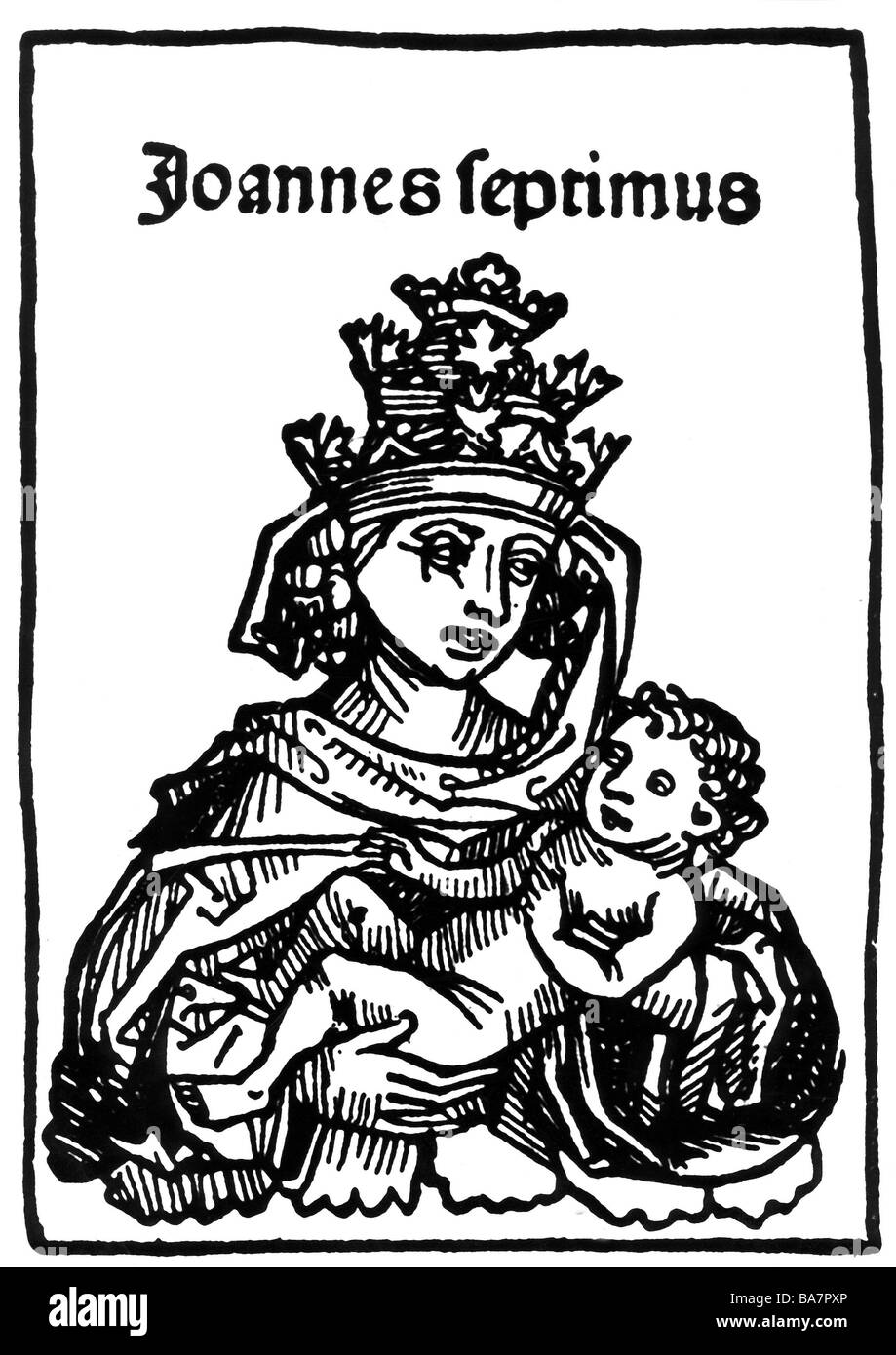 Joan, soll Papst 855 - 857 oder ca. 1100, halbe Länge, mit ihrem Sohn, Holzschnitt, aus der Welt Chronik von Hartmann Schedel, 1493, Artist's Urheberrecht nicht geklärt zu werden. Stockfoto