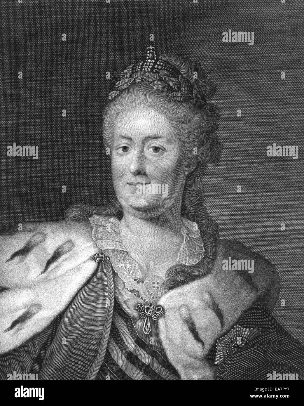 Katharina II., "der Große", 2.5.1729 - 17.11.1796, Kaiserin von Russland 1762 - 1796, halbe Länge, Stahlstich, anonym, getrimmt, ca. 15,5 x 20 cm, Artist's Urheberrecht nicht gelöscht werden Stockfoto