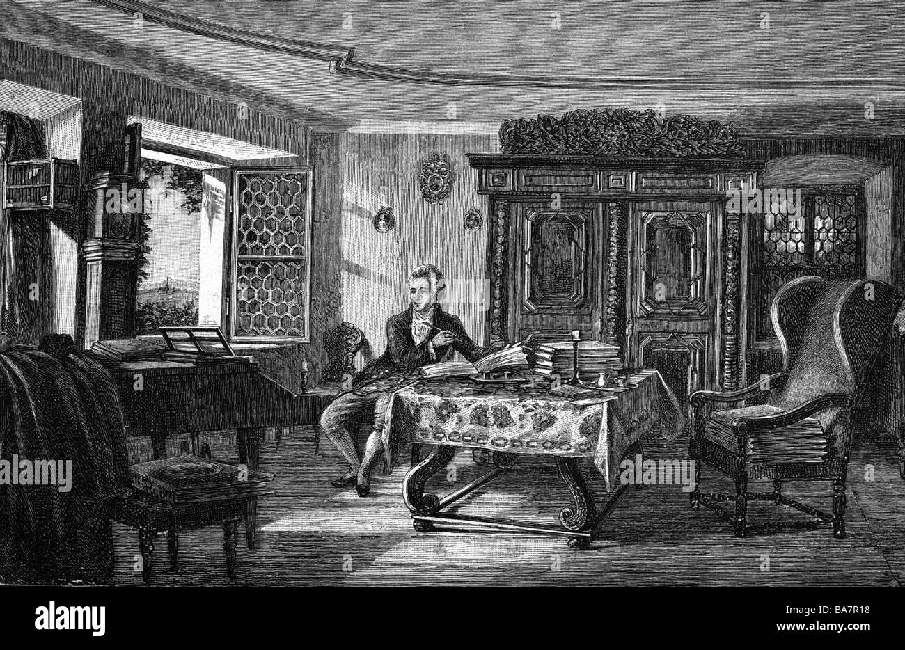 Mozart, Wolfgang Amadeus, 27.1.176 - 5.12.1701, österreichischer Musiker, Komponist, in seiner Studie am Kahlenberg bei Wien sitzend, Holzgravur nach dem lithographen von Rudolf von Alt, 19. Jahrhundert, Stockfoto