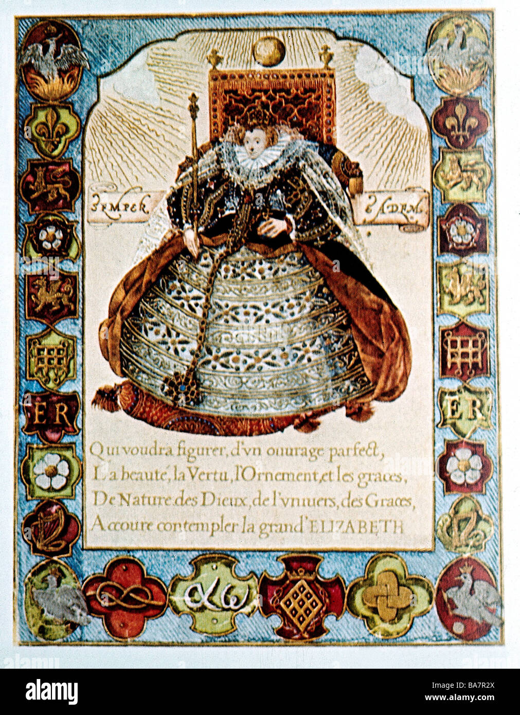 Elizabeth I, 7.9.1533 - 24.3.1603, Königin von England seit 17.11.1558, volle Länge, auf Thron sitzend, symbolische Grenze, Druck, halbe Länge, Stockfoto