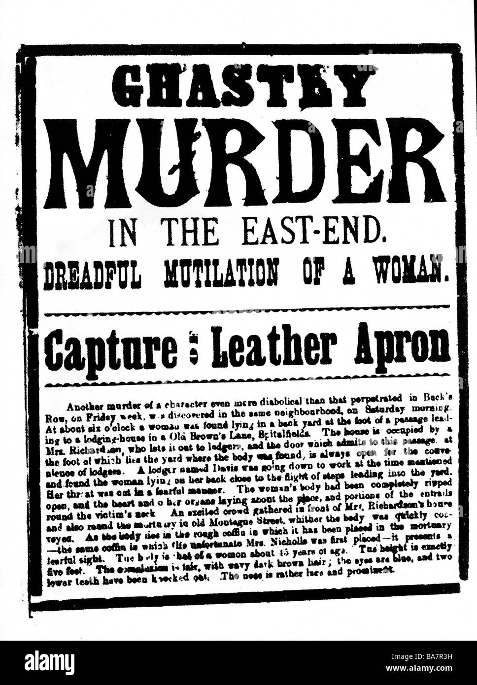 Jack the Ripper, britischer Verbrecher, besondere Ankündigung seines zweiten Mordes, "Entsetzlicher Mord im East-End", Plakat, von 1888, Stockfoto