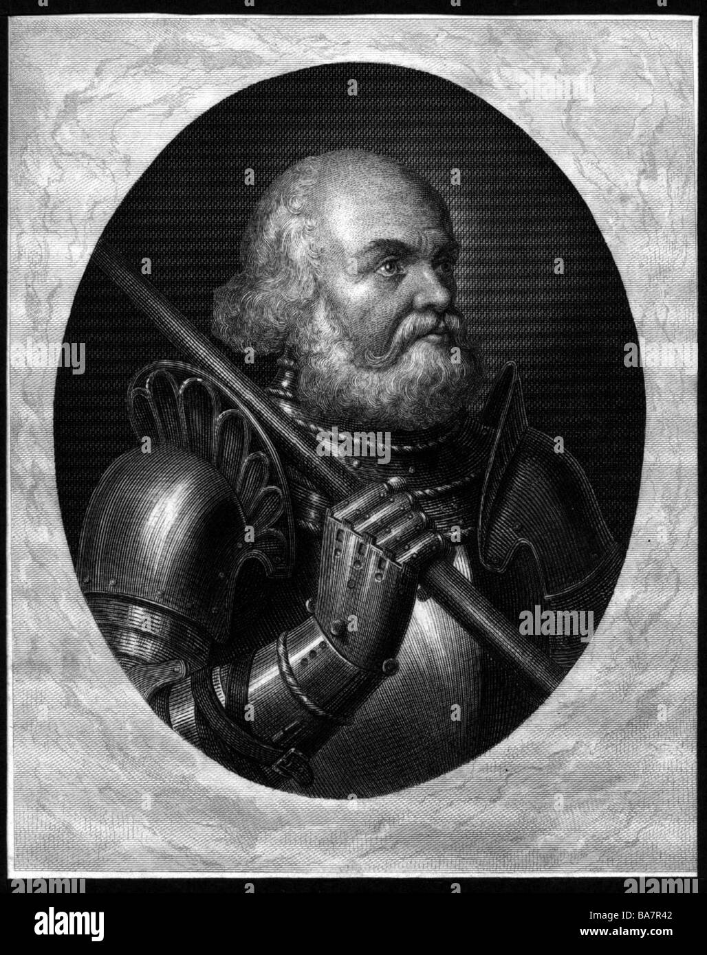 Berlichingen, Götz von circa 1480 - 23.7.1562, Deutscher Ritter, halbe Länge, Stahlstich in Passepartout,, Artist's Urheberrecht nicht gelöscht werden Stockfoto