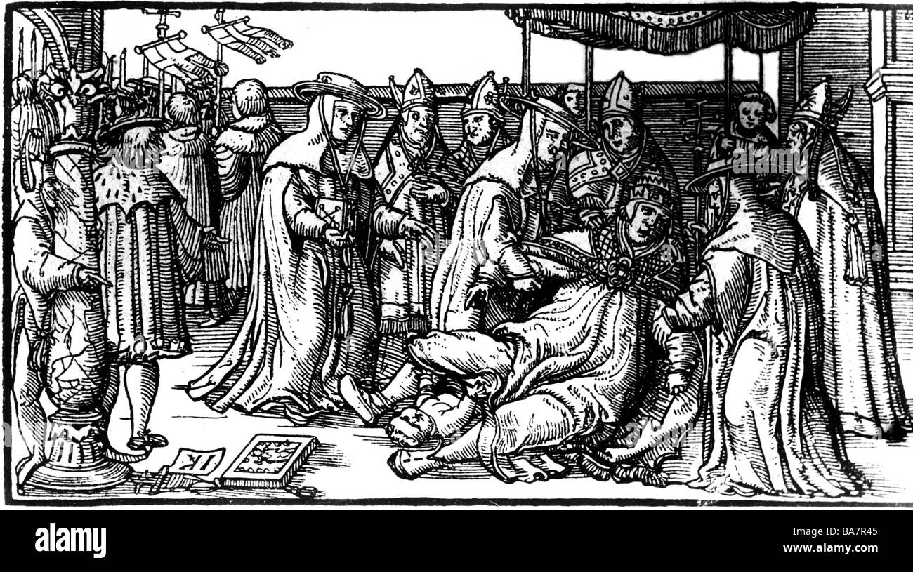 Joan, mutmaßlicher papst 855 - 857 oder ca. 1100, halbe Länge, Geburt ihres Kindes während einer Prozession, Legende aus dem 13. Jahrhundert, Holzschnitt aus dem 16. Jahrhundert, Stockfoto