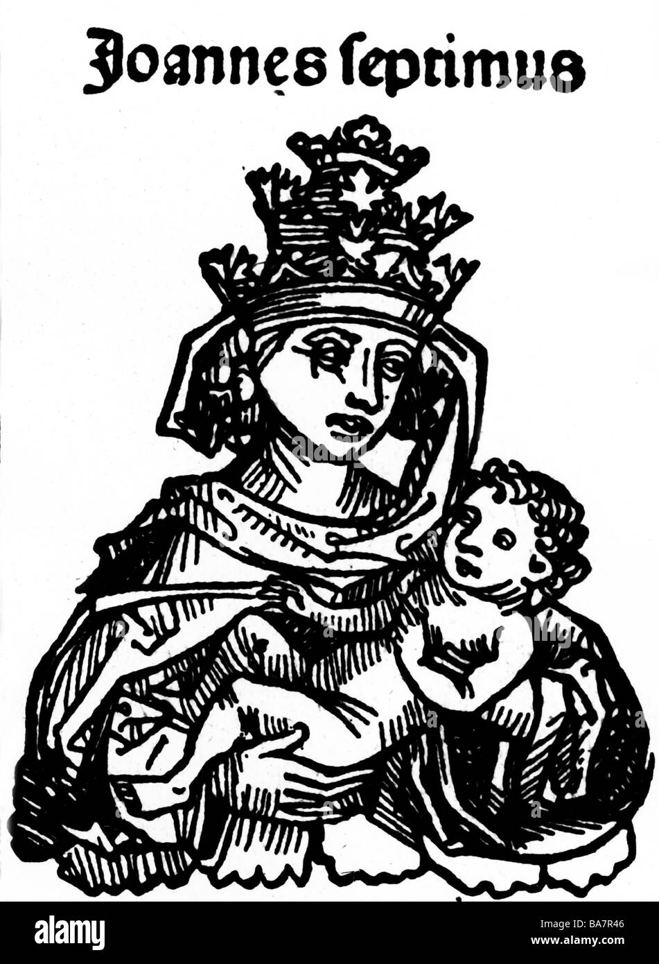 Joan, soll Papst 855 - 857 oder ca. 1100, halbe Länge, mit ihrem Sohn, Holzschnitt von Michael Wohlgemuth oder Wilhelm Pleydenwurf, "World Chronicle" von Hartmann Schedel, Nürnberg, 1493, Artist's Urheberrecht nicht gelöscht werden Stockfoto