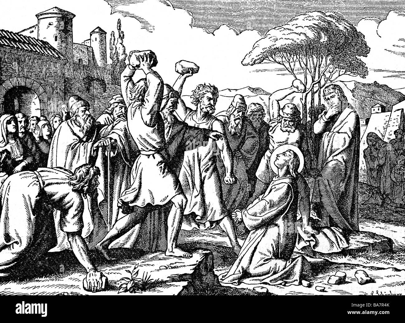 Stephanus, Heiliger, ca. 1 AD - 36/40, erster Märtyrer des Christentums, sein Tod durch Steinigung, Holzgravur, 19. Jahrhundert, Stockfoto