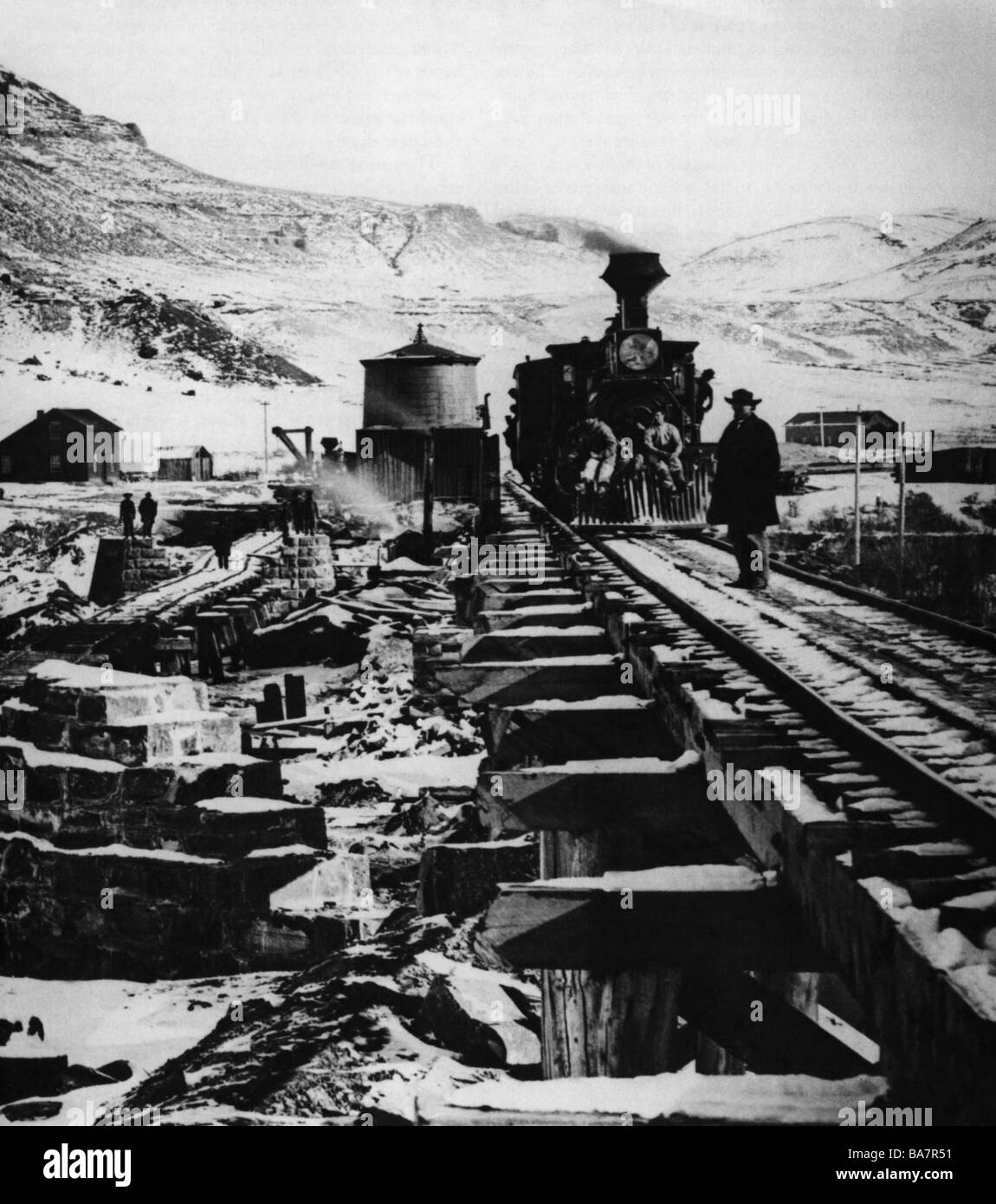 Transport/Transport, Eisenbahn, Bau, USA, Trankontinetal Railraod, Union Pacific am Grenn River, Wyoming, Foto von A.J.Russel, 1868, Stockfoto