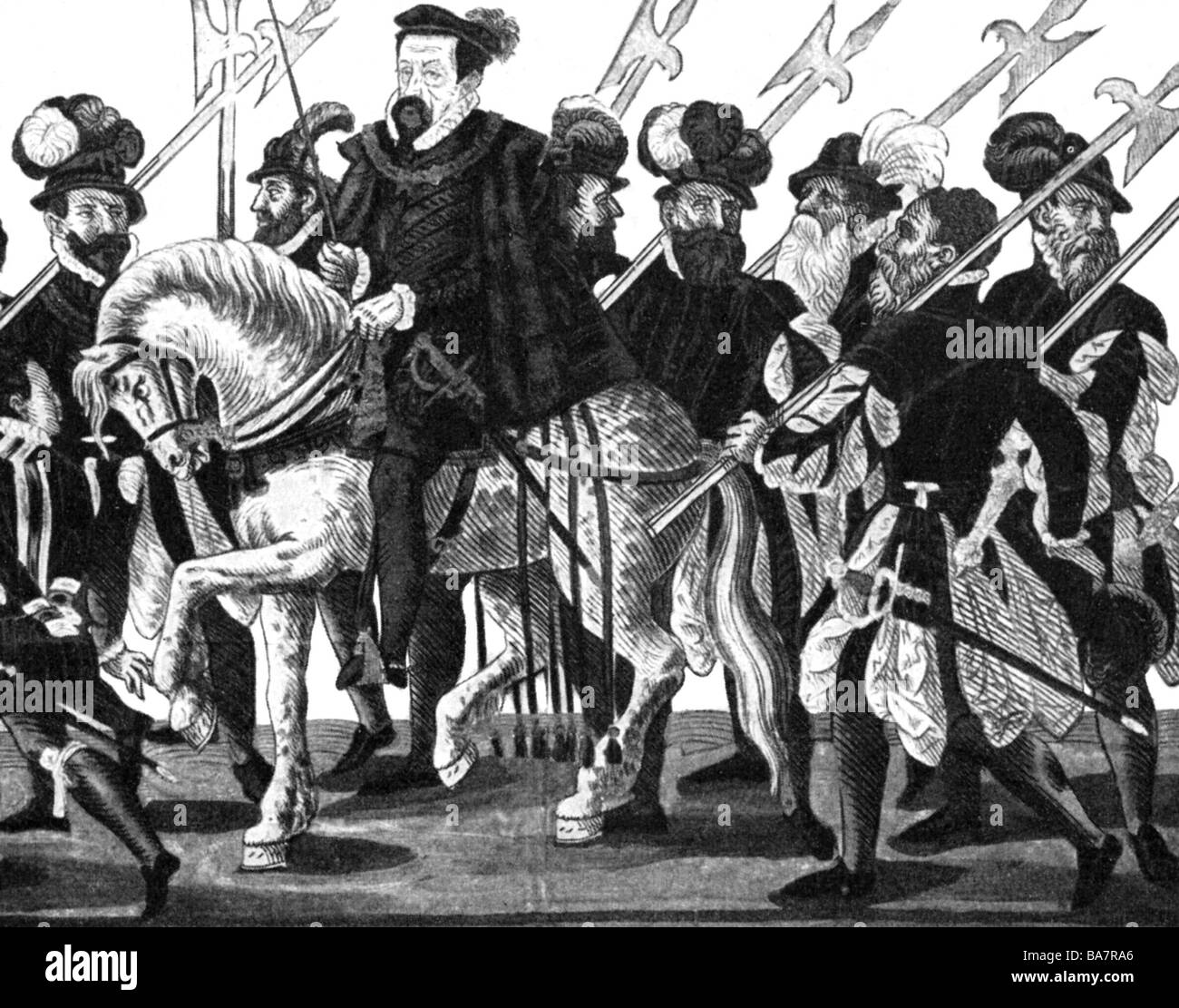 Maximilian II., 31.7.1527 - 12 10.1576, Heiliger römischer Kaiser 24.7.1564 - 12 10.1576, auf dem kaiserlichen Speiseplan, Holzschnitt von Michael Peterle, 16. Jahrhundert, Stockfoto