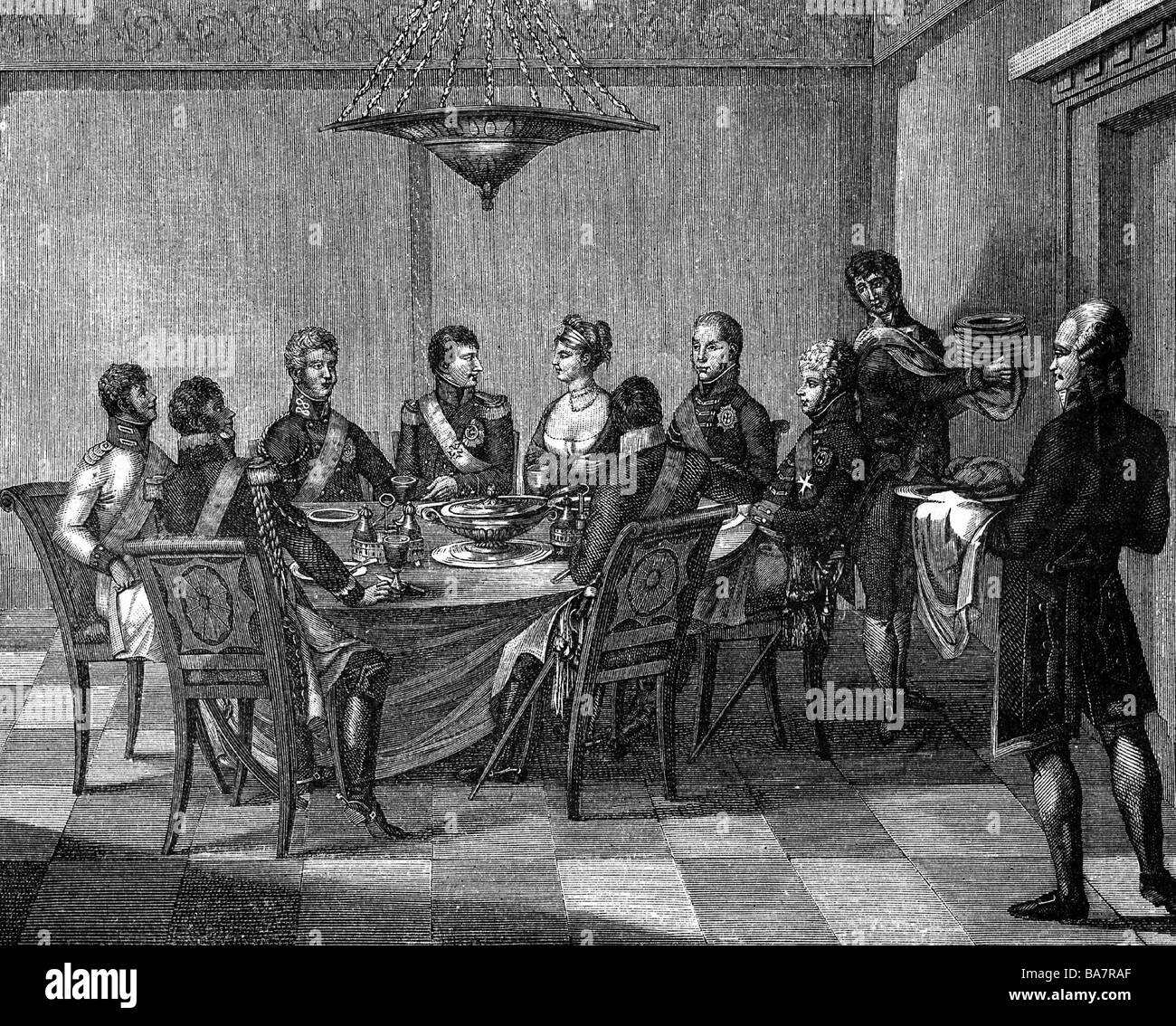 Ereignisse, Krieg der Forth Coalition zwischen den Jahren 1660-1'607, Vertrag von Tilsit, 7.- 9.7.1807, Abendessen mit Kaiser Napoleon I., 7.7.1807, Kupferstich von G. A. Lehmann nach Zeichnung von Johann M. Haas, 19. Jahrhundert, napoleonische Kriege, Zar Alexander I. von Russland, König Wilhelm III. Von Preßburg, Königin Louise, Prinz Heinrich von Preßburg, Großfürst Konstantin, Prinz Louis von Bayern, Joachim Murat, Frankreich, Polen, Memel, Politik, Frieden, Diplomatie, historisch, historisch, Wilhelm, Luise, Heinrich, Ludwig, Leute, Stockfoto
