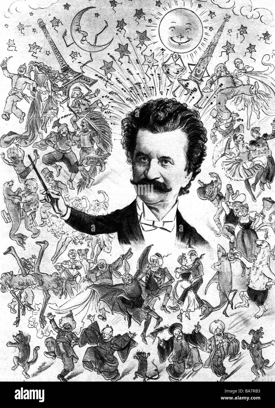 Strauß, Johann II. (Der Jüngere), 25.10.1825 - 3.6.1899, österreichischer Komponist, Porträt, "Der Walzerkönig", Zeichnung, 1894, Stockfoto