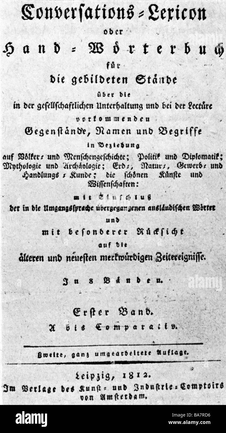 Brockhaus, Friedrich Arnold, 4.5.173 - 20.8.1823, deutscher Verleger, Werk, Enzyklopädie, 1. Band, 2. Auflage, Leipzig, 1812, Cover, Stockfoto
