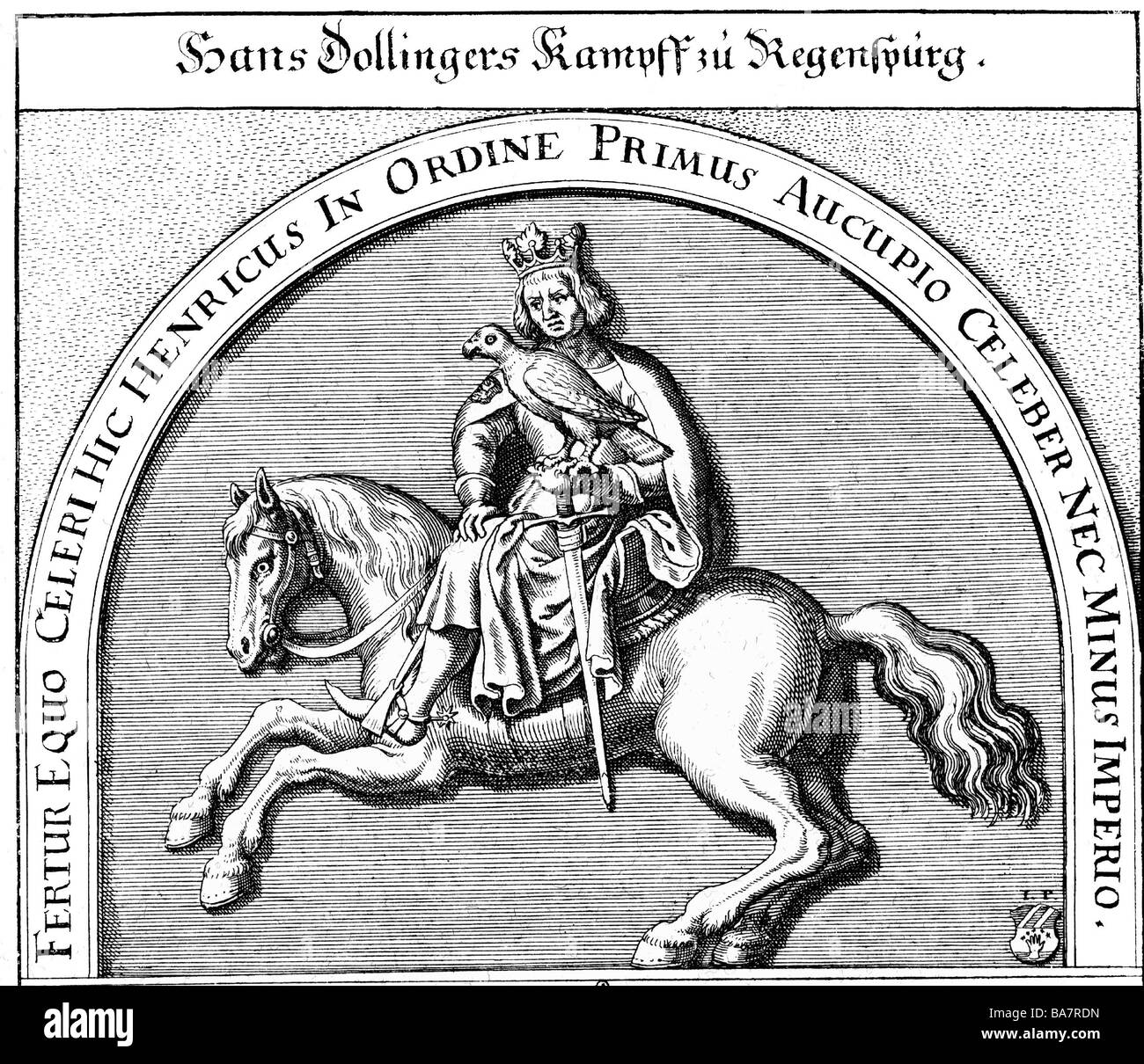 Heinrich I., "der Fowler", ca. 875 - 2.7.936, deutscher König ab 919, volle Länge, Reiten mit Falke, Gravur nach Erleichterung im Dollingersaal, Regensburg, Stockfoto