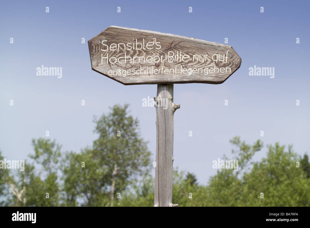 Schild "sensible Moor" Holz-Sign unterzeichnen Kennzeichnung Informationen Tourismus Sommer außerhalb Fußweg Natur Naturschutz Stockfoto