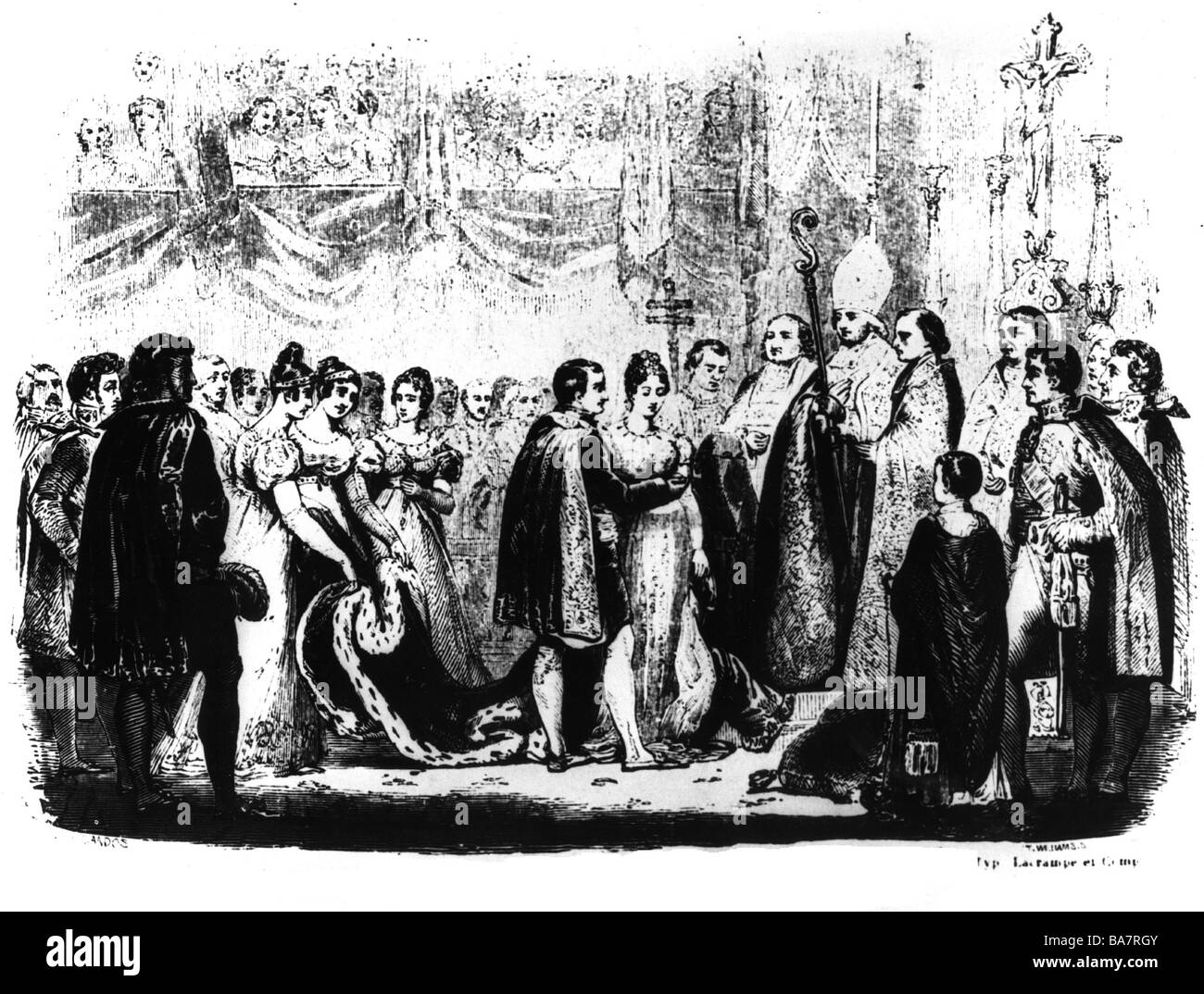 Napoleon I., 15.8.669 - 5.5. Juli 1521, Kaiser der französischen Sprache 2.12.1804 - 22.6.1815, Heirat mit der Erzherzögerin Marie Louise von Österreich, Louvre, 1.4.1810, Holzgravur nach der Malerei von George Rouget, 19. Jahrhundert, Stockfoto
