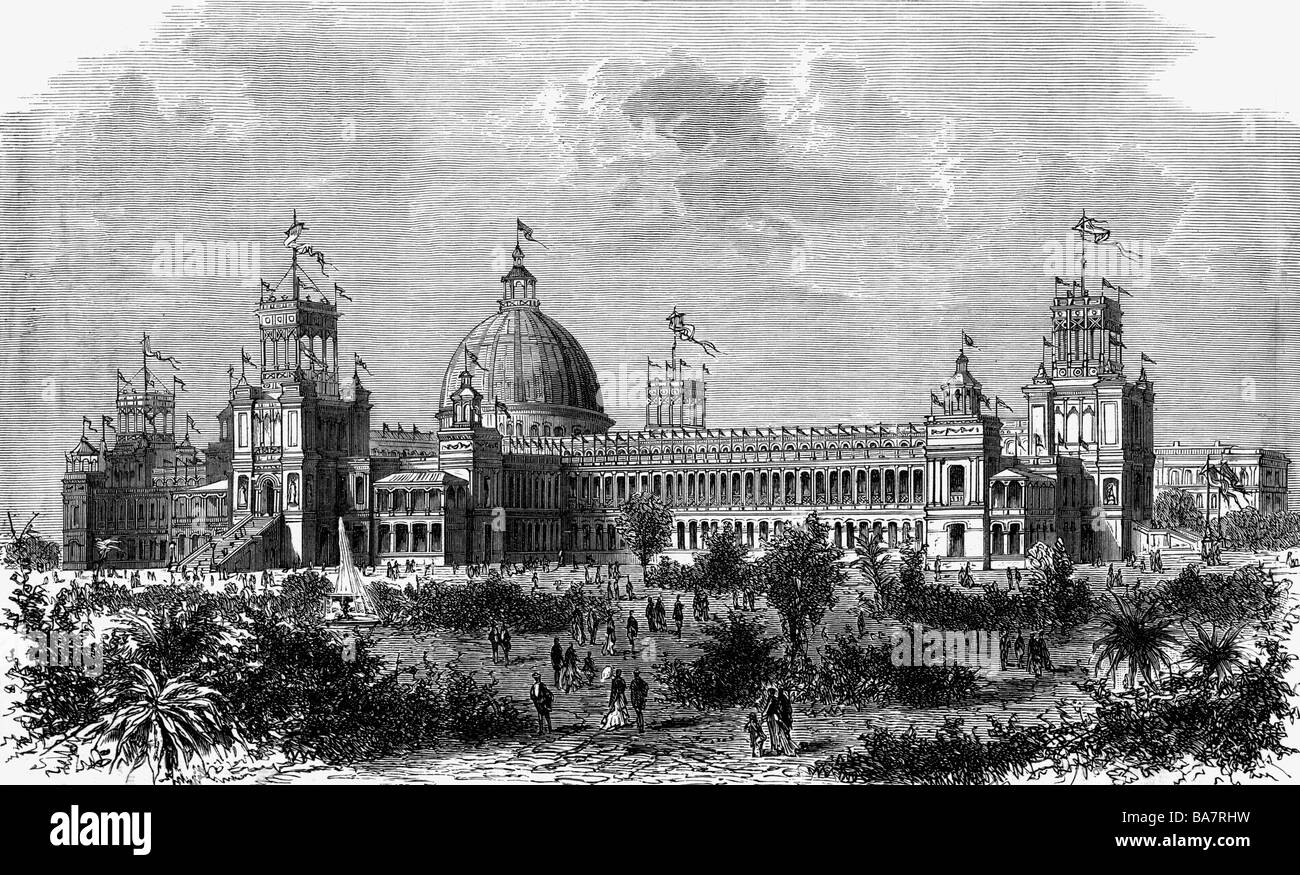 Ausstellungen, Weltausstellung, internationale Ausstellung von Sidney, September 1879 - April 1880, Gartenpalast, Architekt: James Barnet, Außenansicht, Holzgravur, 1879, Australien, Gebäude, Architektur, 19. Jahrhundert, historisch, historisch, Menschen, Stockfoto