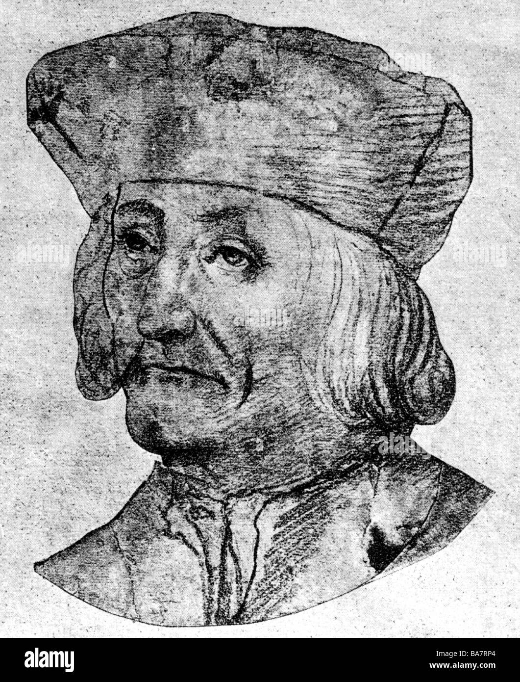 Folz, Hans, ca. 1435/1440 - 1513, deutscher Autor/Schriftsteller, Porträt, zeitgleiche Zeichnung, wahrscheinlich von Hans Schwarz, Stockfoto