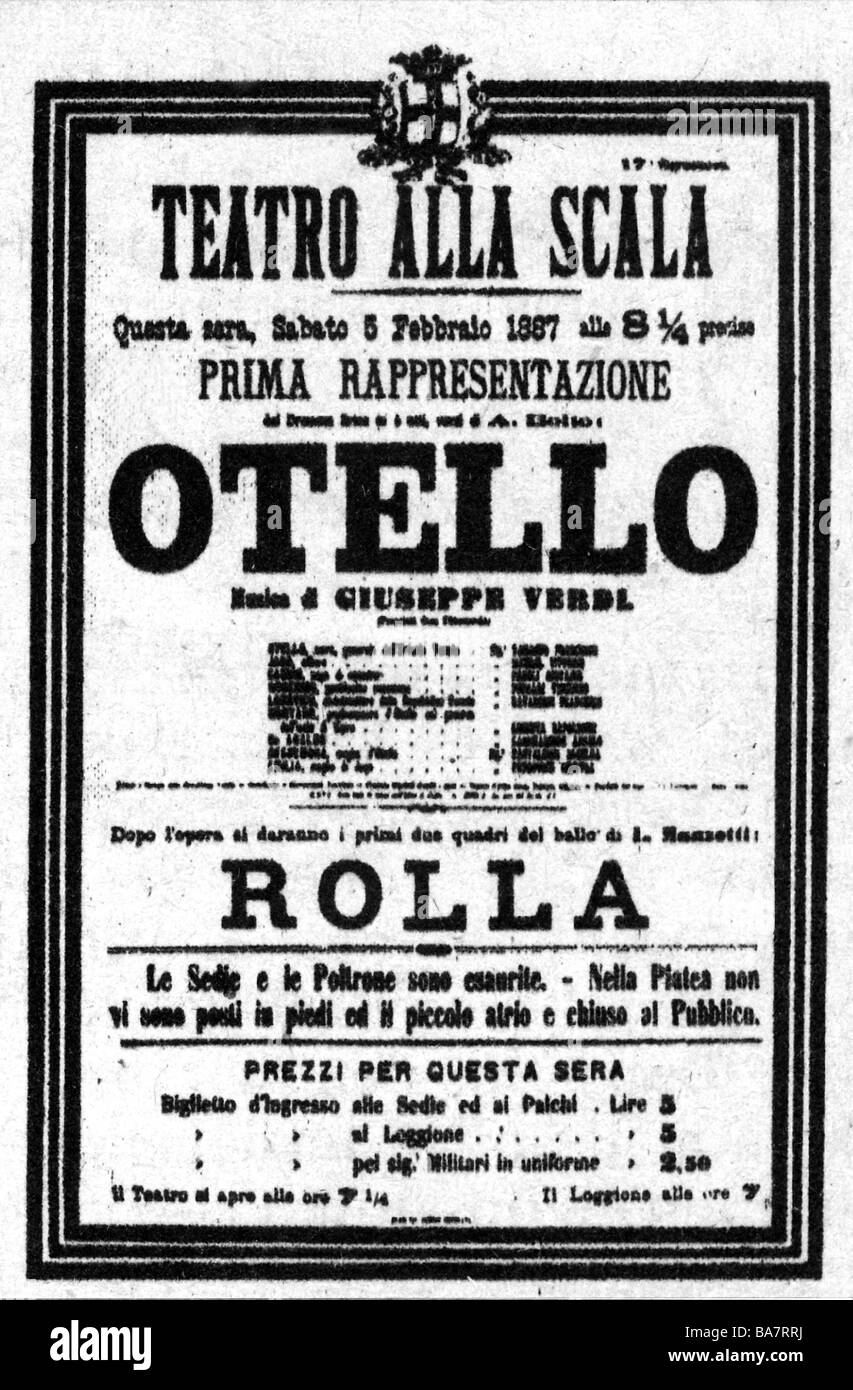 Verdi, Giuseppe, 10.10.13 - 27.1.1901, italienischer Komponist, Werke, Oper "Otello", Stückliste, Premiere, Mailand, 5.2.1881a, Stockfoto