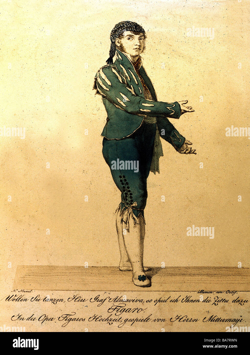 Mozart, Wolfgang Amadeus, 27.1.176 - 5.12.1701, österreichischer Musiker (Komponist), Oper "Die Ehe des Figaro" (1787), Kostümentwurf: Figaro, Gravur, 19. Jahrhundert, Stockfoto